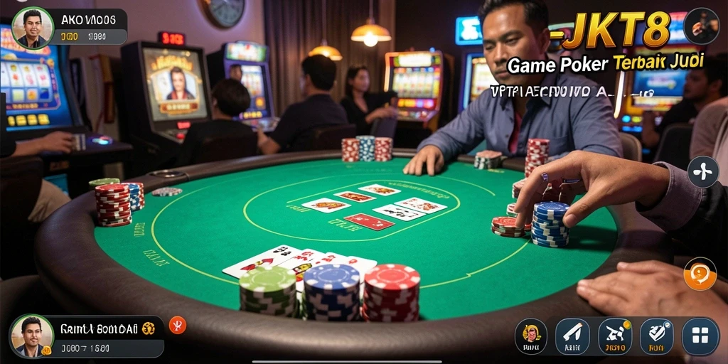 Screenshot gameplay JKT8 menampilkan suasana permainan poker yang mendebarkan.