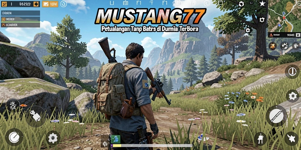 Screenshot gameplay MUSTANG77 yang menunjukkan eksplorasi dunia terbuka.